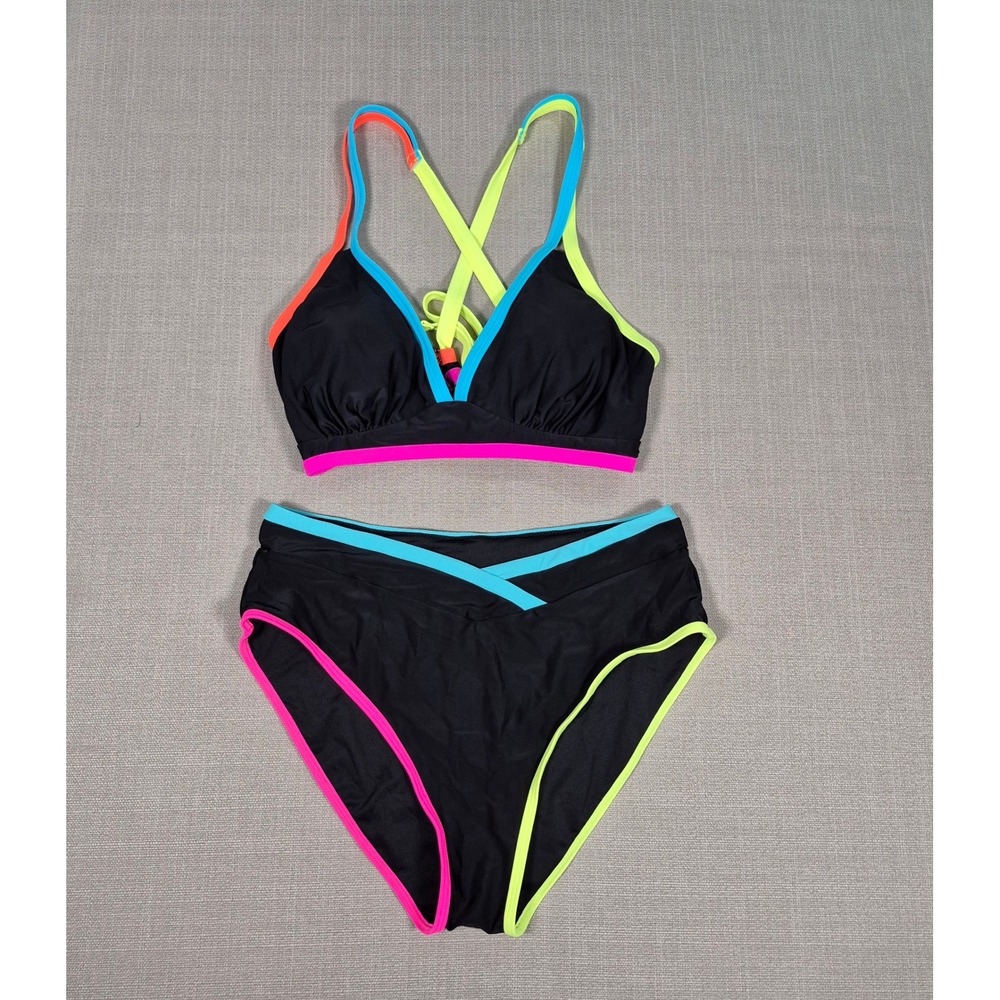 Popvil Womens High Waisted Bikini Set Neon Colorblock Black Size L NWT